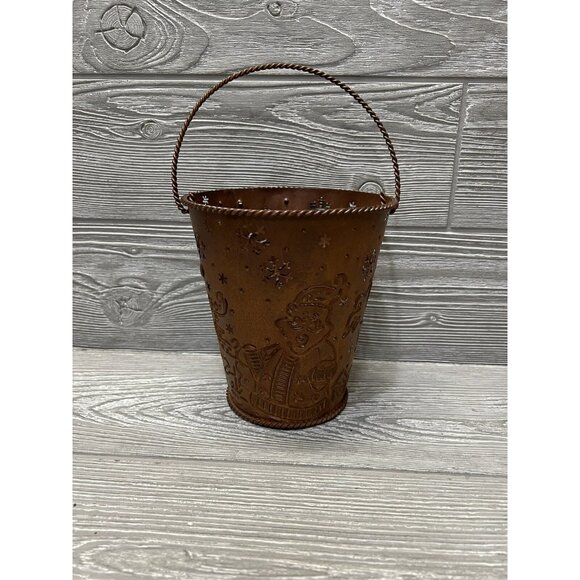 Christmas Punched Metal Santa Claus & Reindeer Pail Bucket Rustic Holiday Decor - Picture 1 of 9